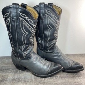 Tony Lama Cowboy Boots Black Gray Wingtip Diamond Stitch Vintage 80s Men's 9.5 D
